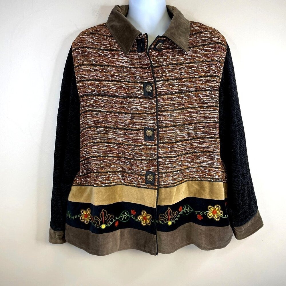 Vintage Fiber Art To Wear Jacket 2X Brown Chenille Embroidered Mixed Media